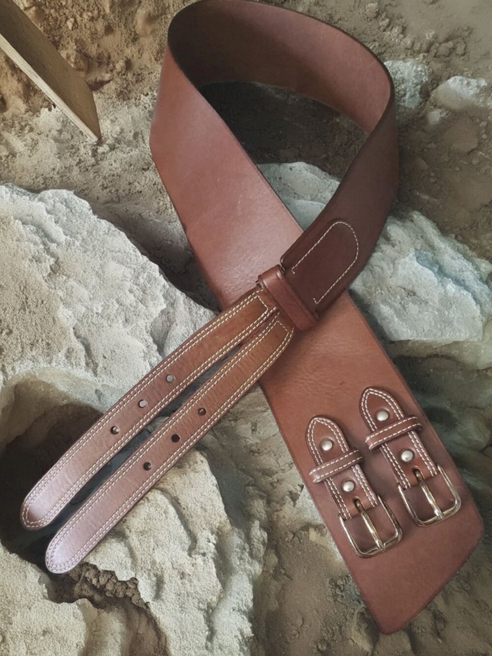 Wide Brown Leather Waist Belt with Double Buckle